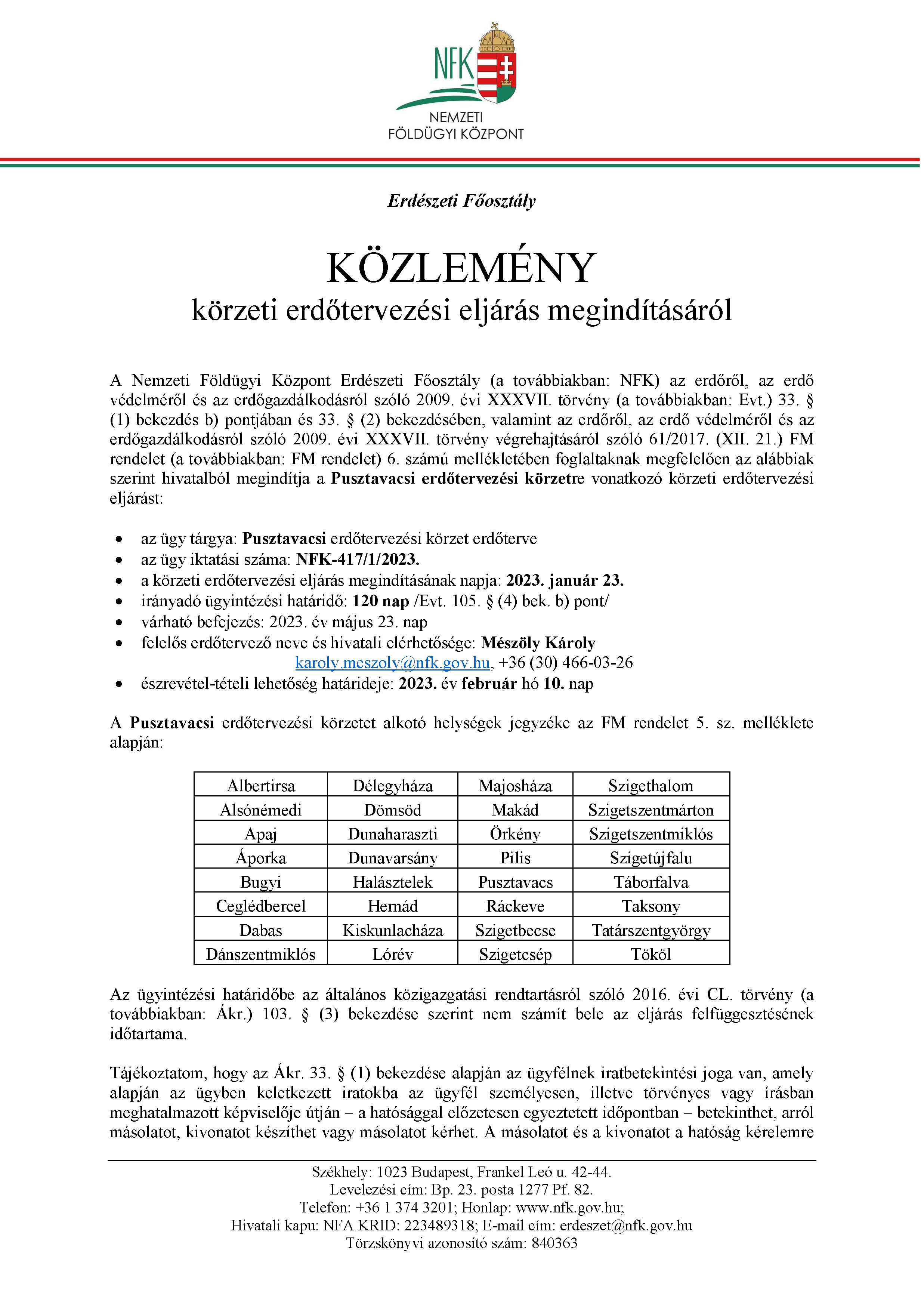 Pusztavacsi erdotervezesi korzet hirdetmeny Oldal 1