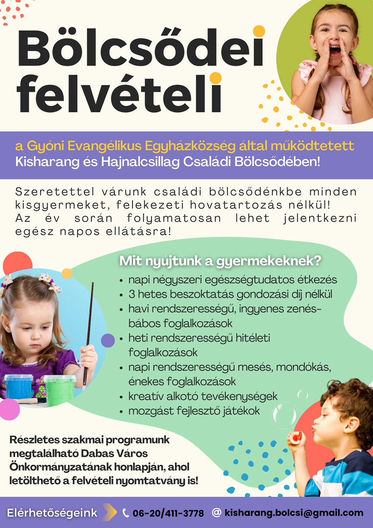 Evangélikus Családi Bölcsőde felvételi plakátja